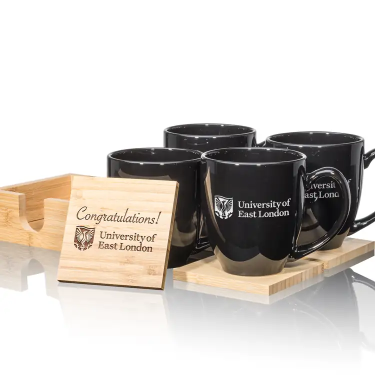 Bistro Set of 4 16 oz Mugs and Bamboo Coasters