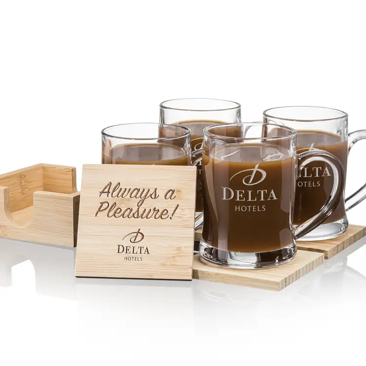 Darien Set of 4 14 oz Mugs and Bamboo Coasters