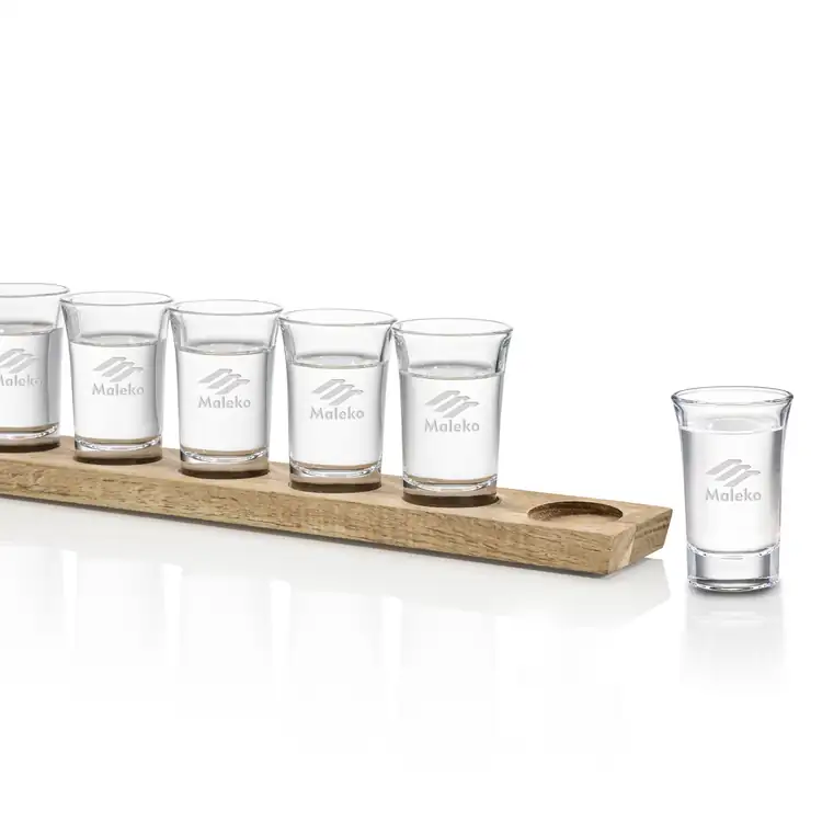 Six Shot Glasses with Acacia Holder Deep Etch #2