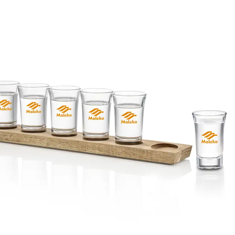 Six Shot Glasses with Acacia Holder Imprinted #2