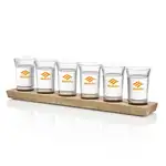 Ensemble de six verres à shooter sur support en acacia avec impression