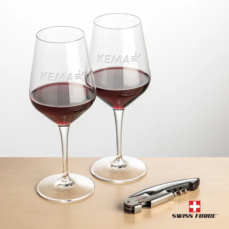Swiss Force Wine Tool and Two 15 oz Germain Wine Glass Set - Silver
