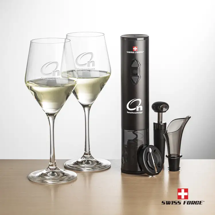 Swiss Force Electric Wine Opener and Two 12 oz Bengston Wine Glass Set