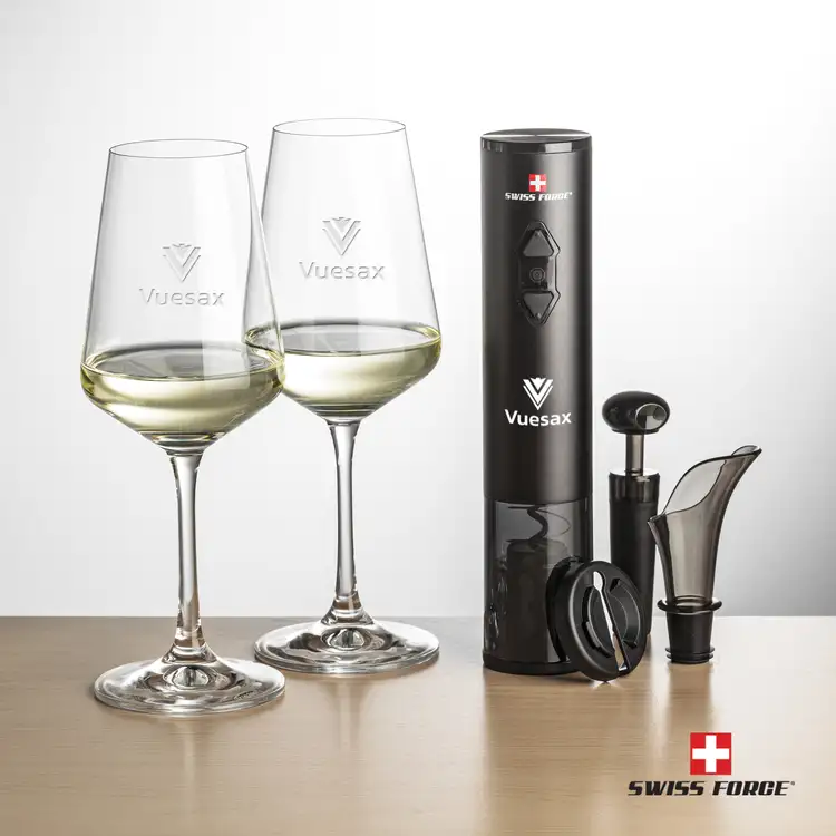 Swiss Force Electric Wine Opener and Two 12 oz Cannes Wine Glass Set