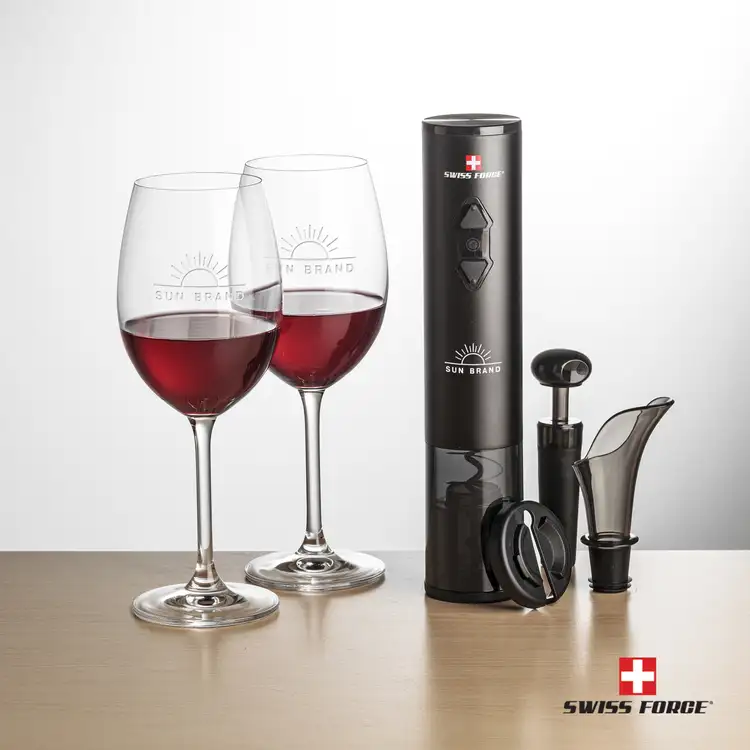 Swiss Force Electric Wine Opener and Two 12 oz Coleford Wine Glass Set