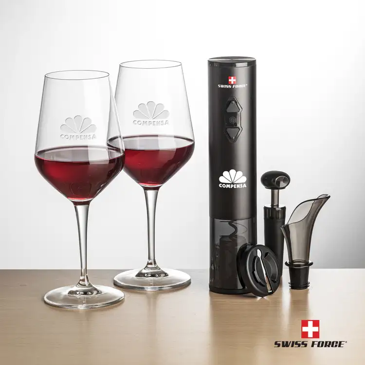 Swiss Force Electric Wine Opener and Two 15 oz Germain Wine Glass Set