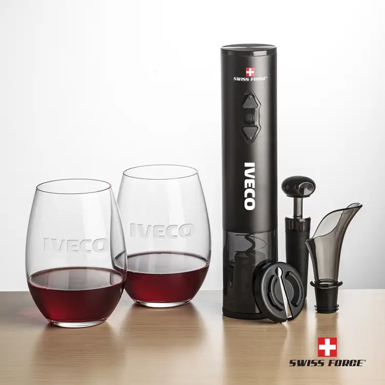 Swiss Force Electric Wine Opener and Two 17 oz Carlita Stemless Wine Glass Set