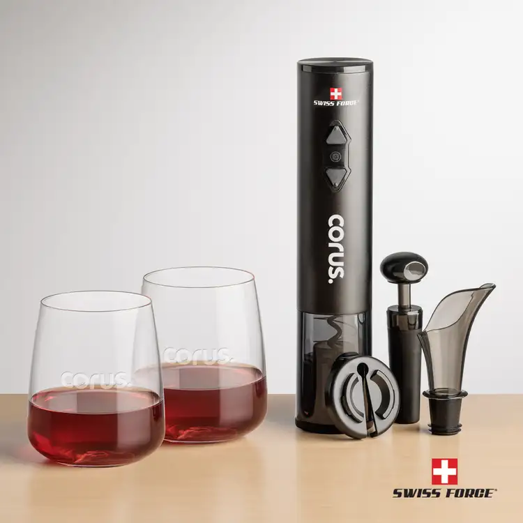 Swiss Force Electric Wine Opener and Two 12.25 oz Dunhill Stemless Wine Glass Set