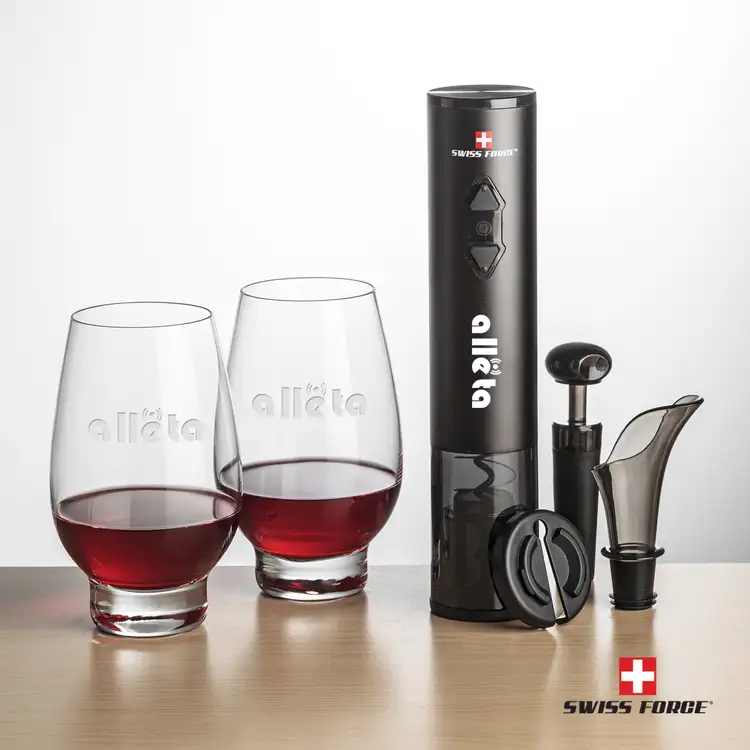 Swiss Force Electric Wine Opener and Two 14.5 oz Glenarden Stemless Wine Glass Set