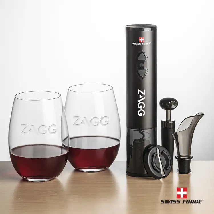 Ensemble ouvre-bouteille électrique et 2 verres à vin sans pied Laurent 18.5 oz de Swiss Force