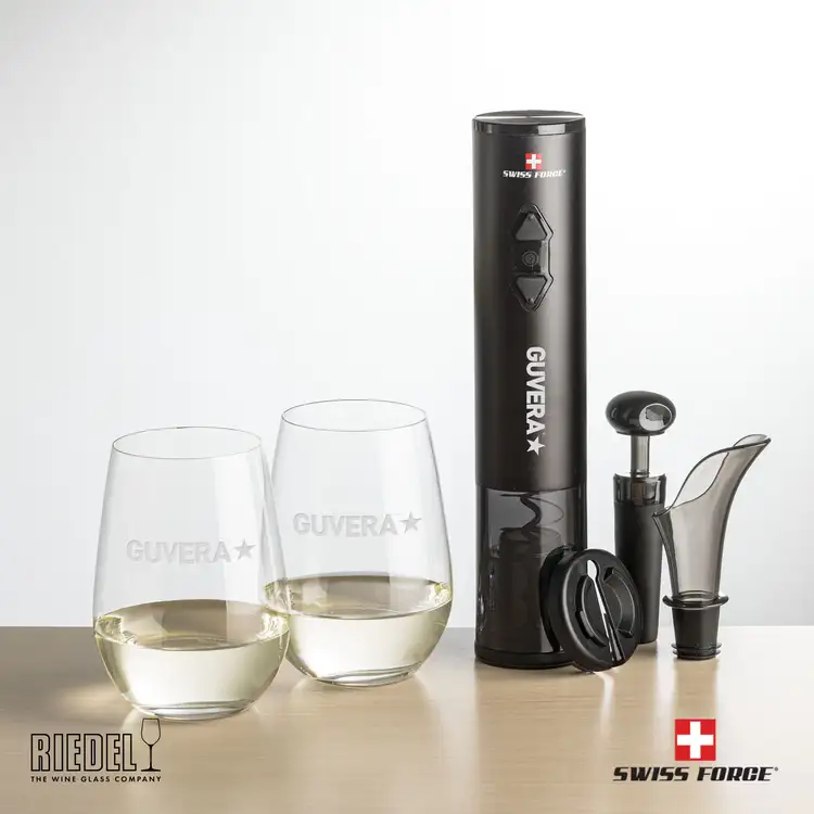 Swiss Force Electric Wine Opener and Two RIEDEL Stemless Wine Glass Set