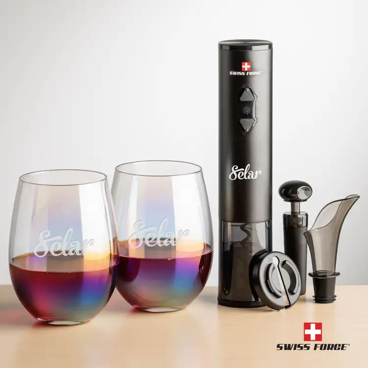 Swiss Force Electric Wine Opener and Two Miami Iridescent Stemless Wine Glass Set