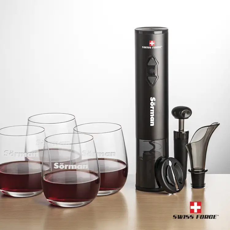 Swiss Force Electric Wine Opener and Four 12 oz Crestview Stemless Wine Glass Set