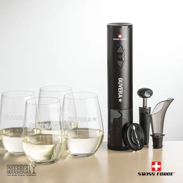 Ensemble ouvre-bouteille électrique et 4 verres à vin sans pied RIEDEL de Swiss Force