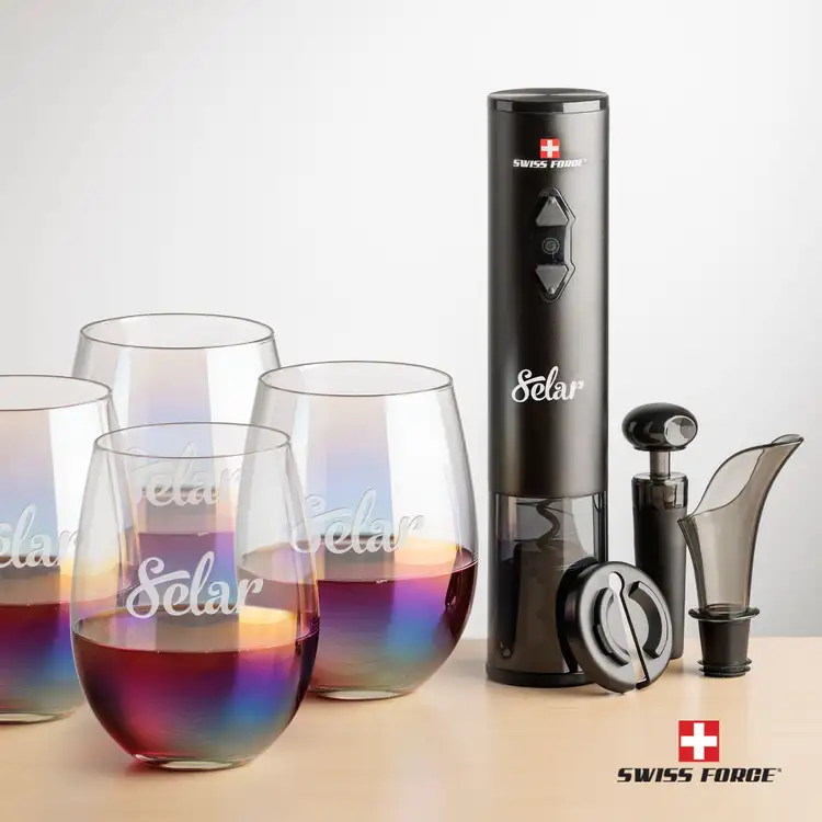 Ensemble ouvre-bouteille électrique et 4 verres à vin sans pied irisés Miami de Swiss Force