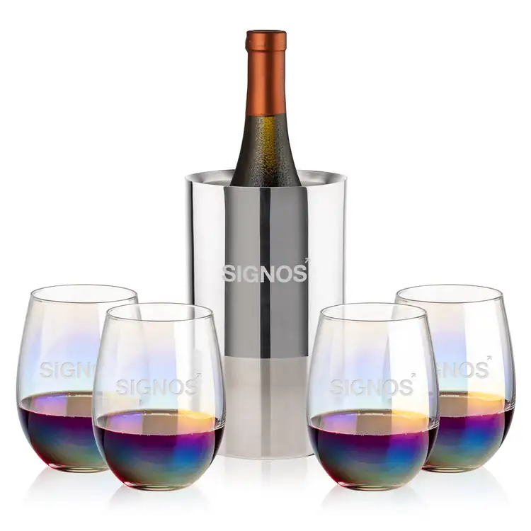 Catania Wine Cooler and 4 Miami 19 oz Stemless Wine Glass Set