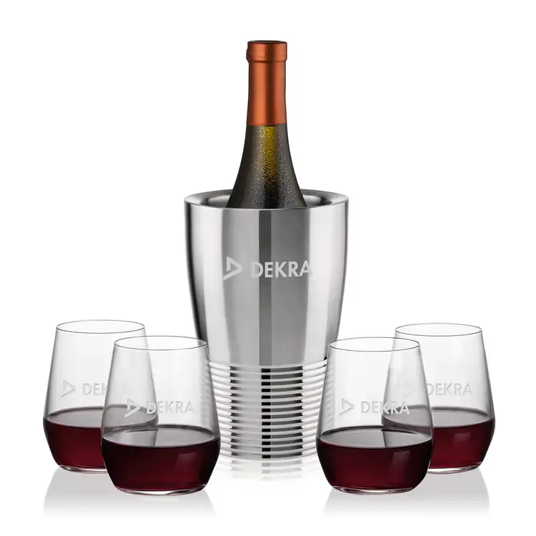 Genoa Wine Cooler and 4 Germain 12.5 oz Stemless Wine Glass Set