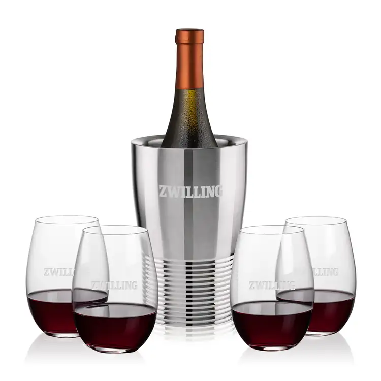 Genoa Wine Cooler and 4 Laurent 18.5 oz Stemless Wine Glass Set