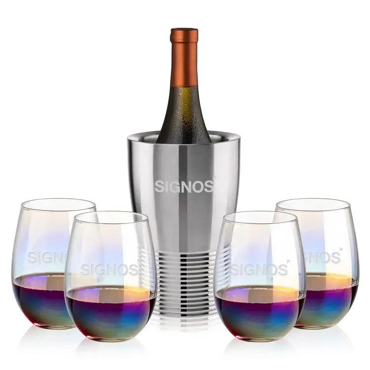 Genoa Wine Cooler and 4 Miami 19 oz Stemless Wine Glass Set