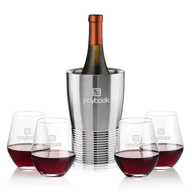 Genoa Wine Cooler and 4 Reina Stemless Wine Glass Set