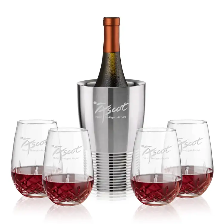 Genoa Wine Cooler and 4 Templeton Stemless Wine Glass Set