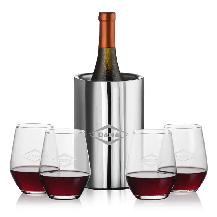 Jacobs Wine Cooler and 4 Mandelay Stemless Wine Glass Set