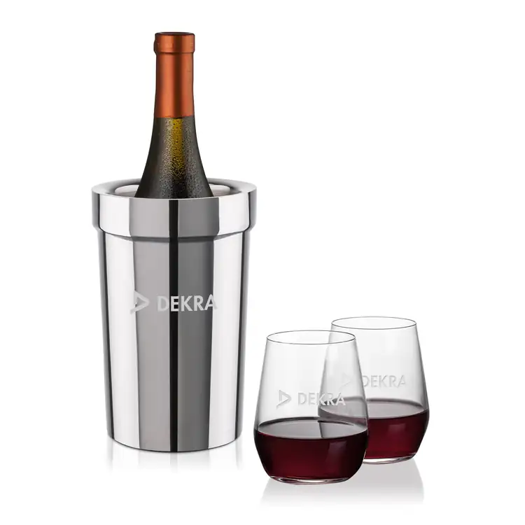 Milano Wine Cooler and 2 Germain 12.5 oz Stemless Wine Glass Set