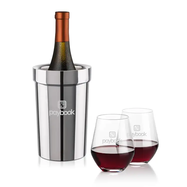 Ensemble refroidisseur de vin Milano et 2 verres à vin sans pied Reina