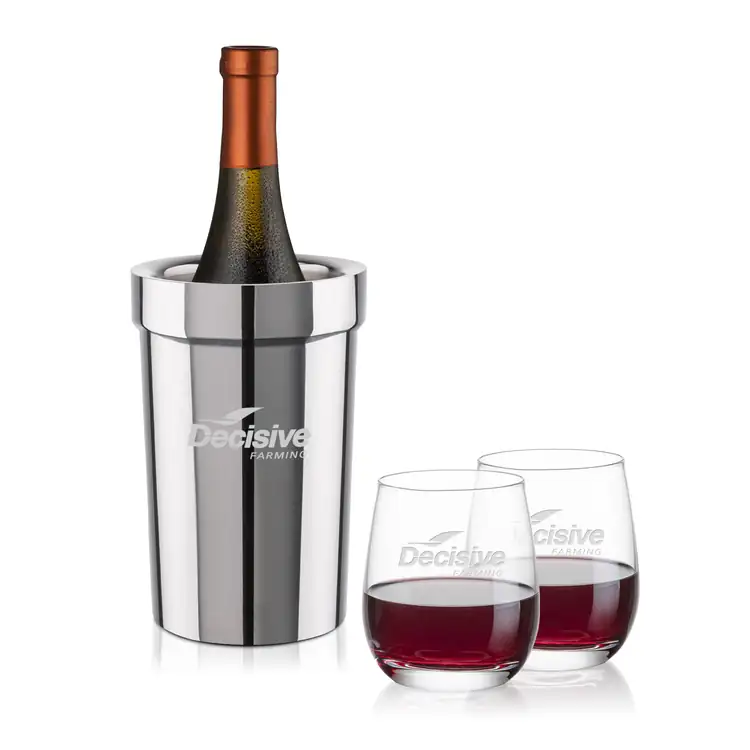 Milano Wine Cooler and 2 Salem 11.5 oz Stemless Wine Glass Set