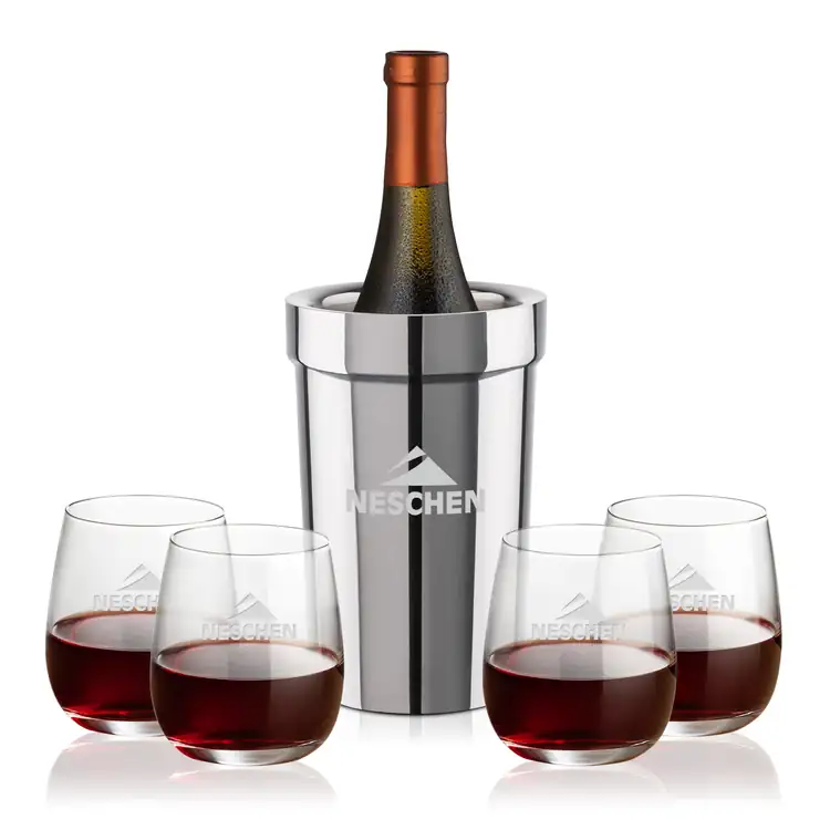 Milano Wine Cooler and 4 Crestview 12 oz Stemless Wine Glass Set