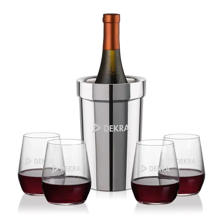 Milano Wine Cooler and 4 Germain 12.5 oz Stemless Wine Glass Set
