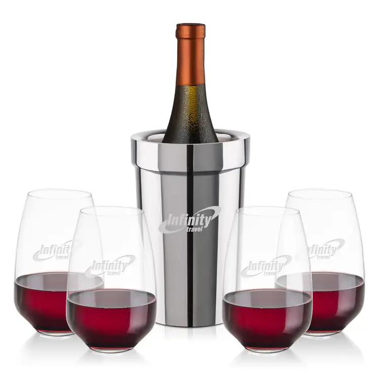 Milano Wine Cooler and 4 Oldham 15 oz Stemless Wine Glass Set
