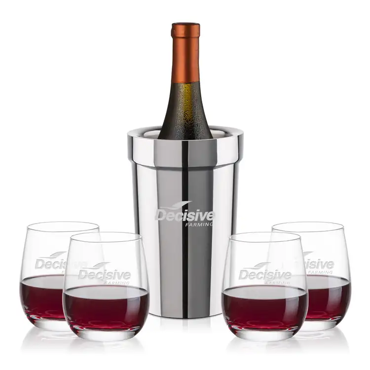 Milano Wine Cooler and 4 Salem 11.5 oz Stemless Wine Glass Set