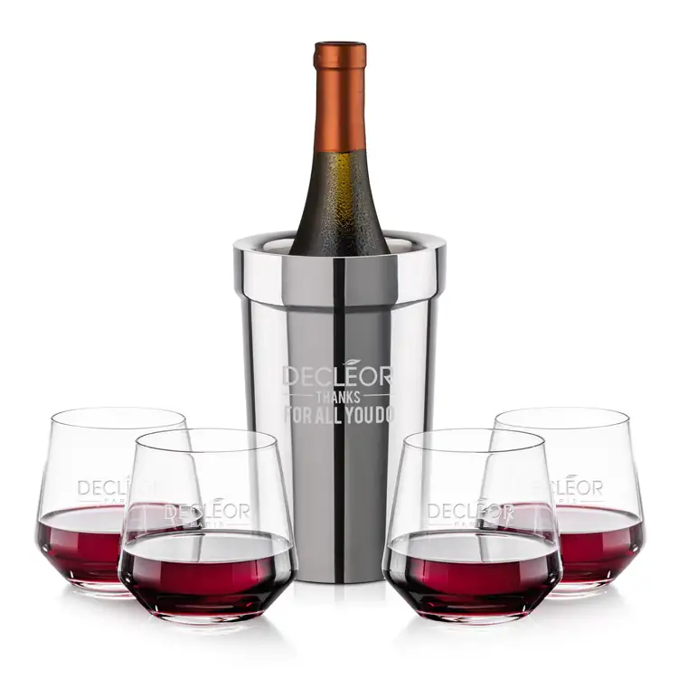Milano Wine Cooler and 4 Tucson 13.5 oz Stemless Wine Glass Set