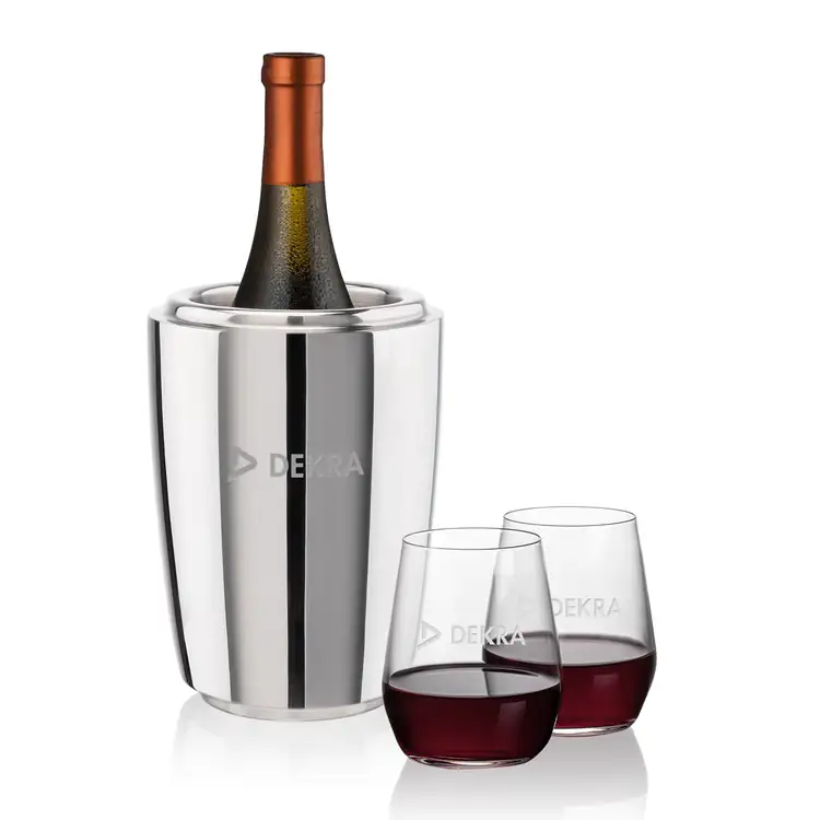 Pescara Wine Cooler and 2 Germain 12.5 oz Stemless Wine Glass Set