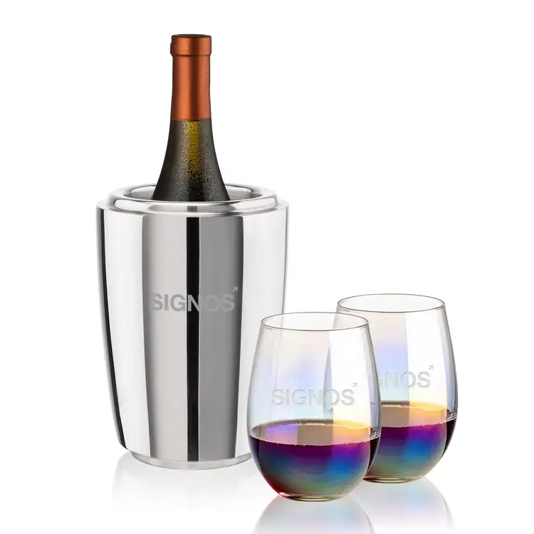 Ensemble refroidisseur de vin Pescara et 2 verres à vin sans pied Miami 19 oz