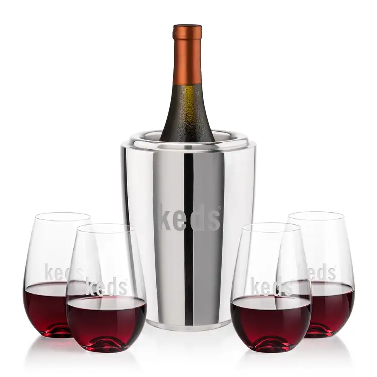 Pescara Wine Cooler and 4 Boston Stemless Wine Glass Set