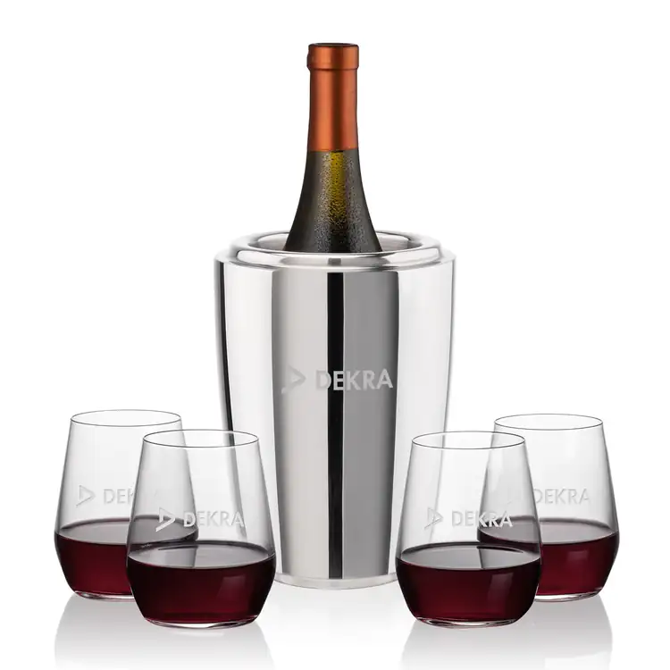 Pescara Wine Cooler and 4 Germain 12.5 oz Stemless Wine Glass Set