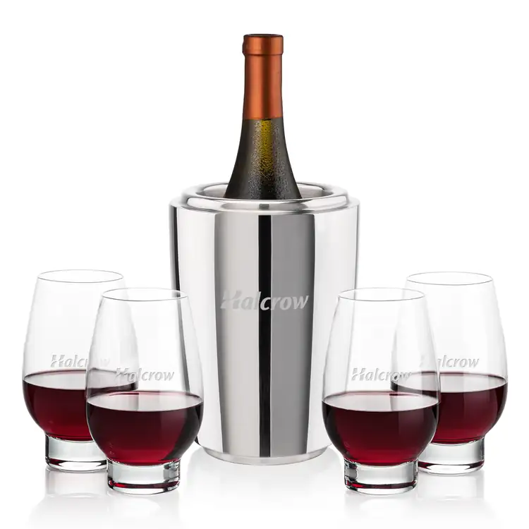 Pescara Wine Cooler and 4 Glenarden Stemless Wine Glass Set