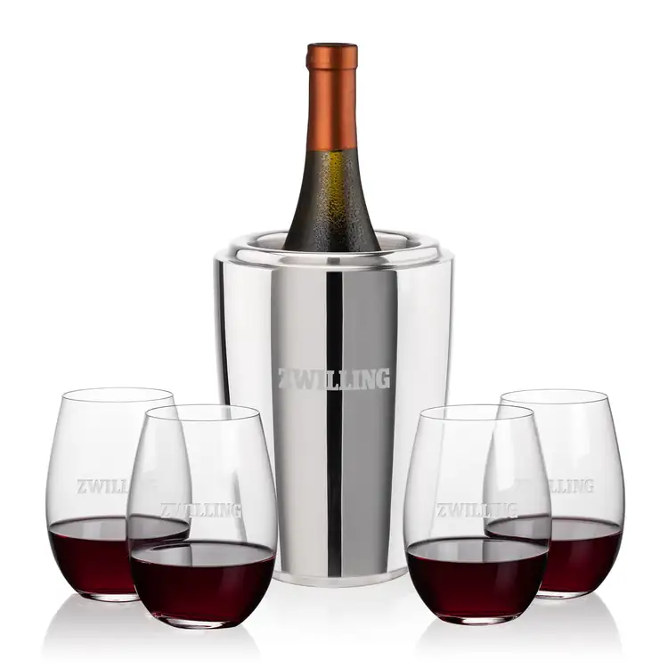 Pescara Wine Cooler and 4 Laurent 18.5 oz Stemless Wine Glass Set