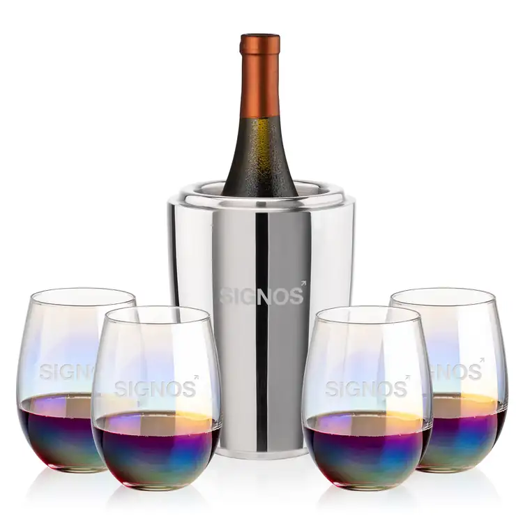 Pescara Wine Cooler and 4 Miami 19 oz Stemless Wine Glass Set