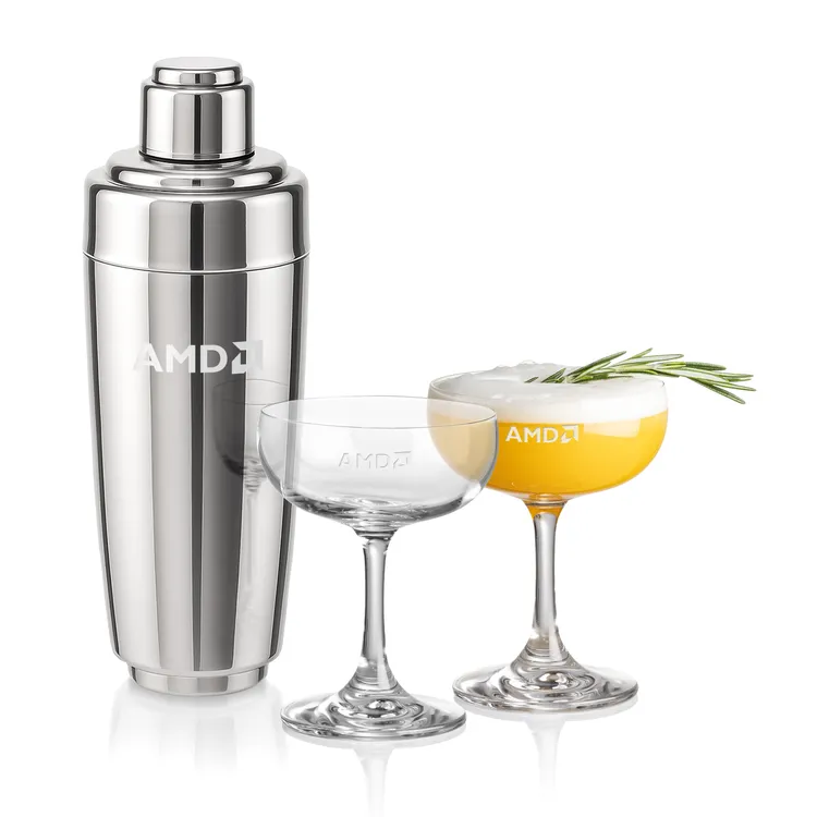 Pescara Shaker and 2 Mauritius Cocktail Glass Set