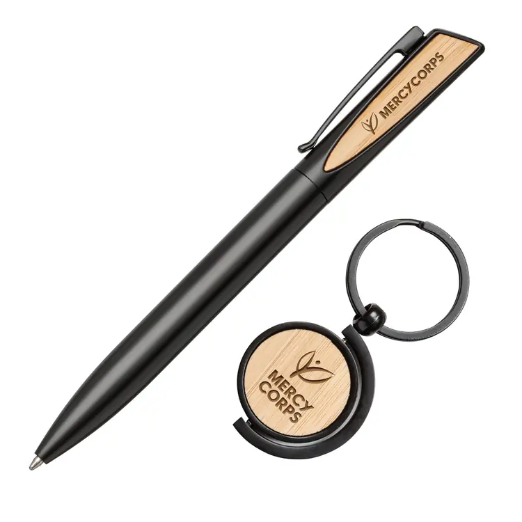 Ensemble stylo en aluminium et porte-clés en bambou Alban