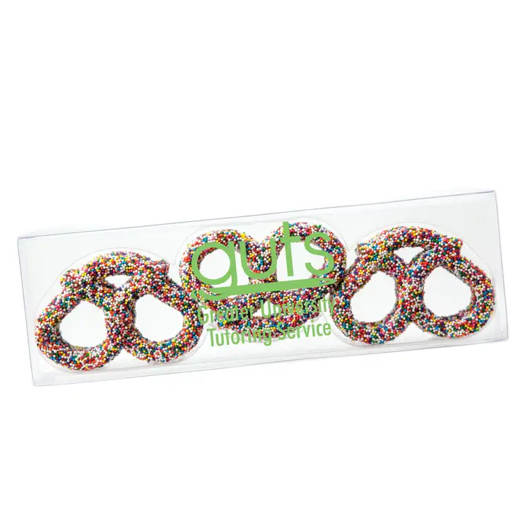 Clear Six Pretzel Assortment Box with Rainbow Nonpareils