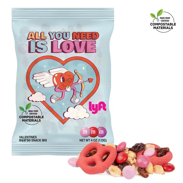 Large Compostable ECO-DigiBag with Valentines M&M’s Snack mix 4 oz