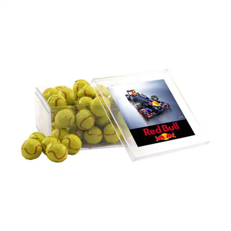 Large Square Acrylic Box with Tennis-ball-shaped chocolates