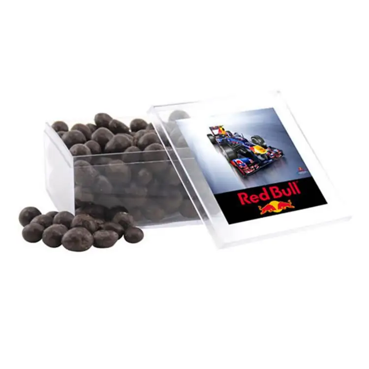 Grande boîte carrée en acrylique de grains de café espresso enrobés de chocolat