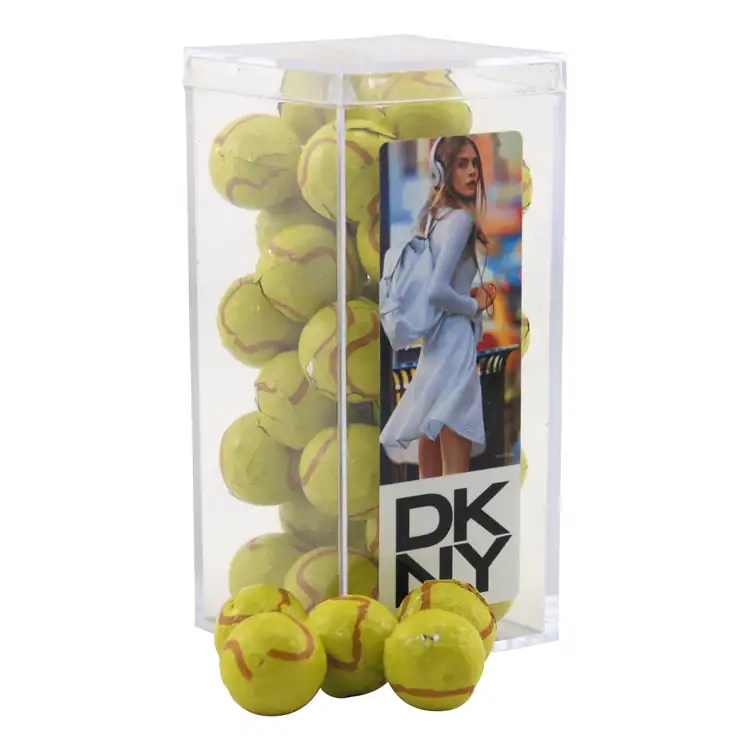 Grande boîte rectangulaire en acrylique de chocolats en forme de balle de tennis