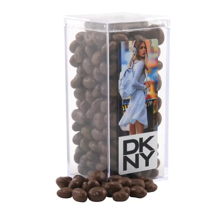 Grande boîte rectangulaire en acrylique de raisins enrobés de chocolat
