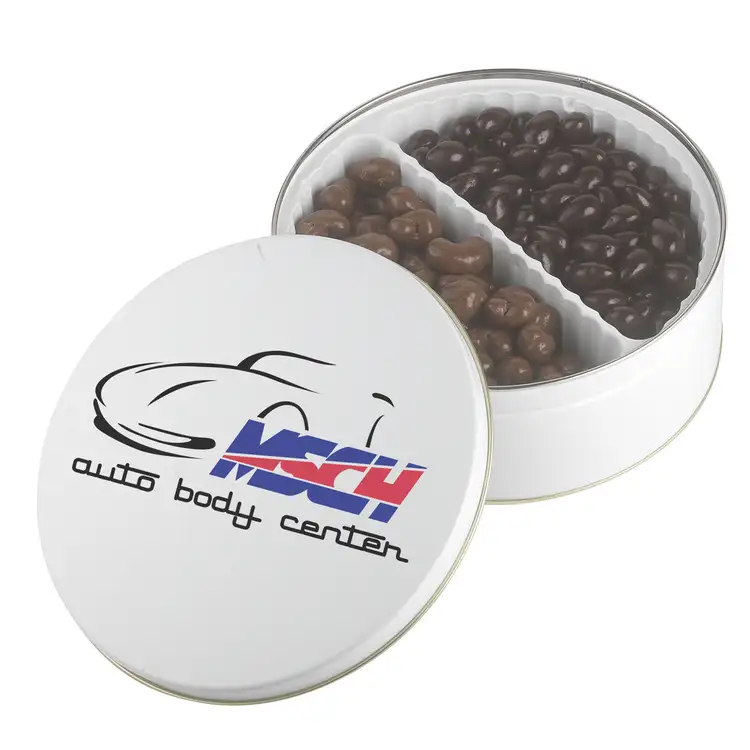 Large Round Tin of Chocolate Almonds and Cashews